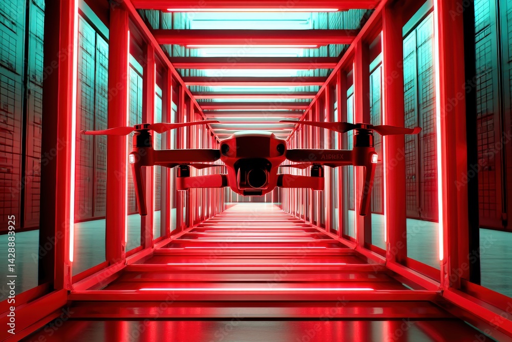 Futuristic Drone in Neon Warehouse Surrounded by Red Lights