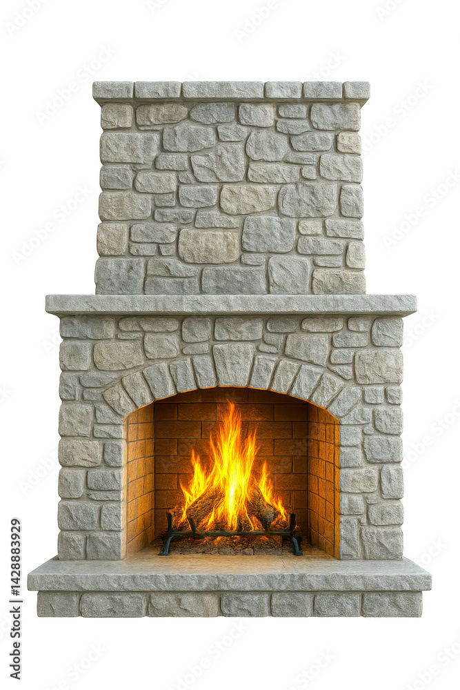 Rustic stone fireplace with burning fire and glowing logs for cozy indoor or outdoor warmth and ambiance, PNG