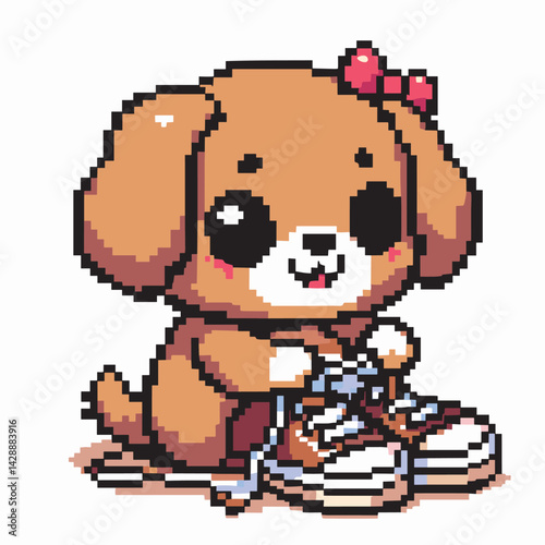 Cute Pixel Art Illustration of Puppy Tying Shoelaces