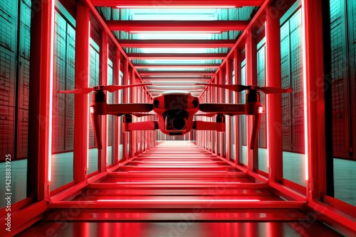 Obraz na płótnie Futuristic Drone in Neon Warehouse Surrounded by Red Lights w salonie