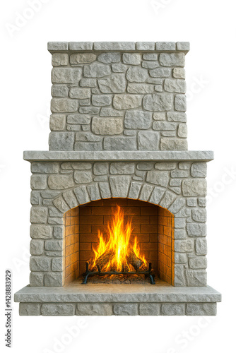 Rustic stone fireplace with burning fire and glowing logs for cozy indoor or outdoor warmth and ambiance, PNG