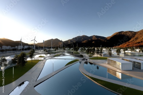 Futuristic Eco-City with Wind Turbines and Reflective Water Bodies