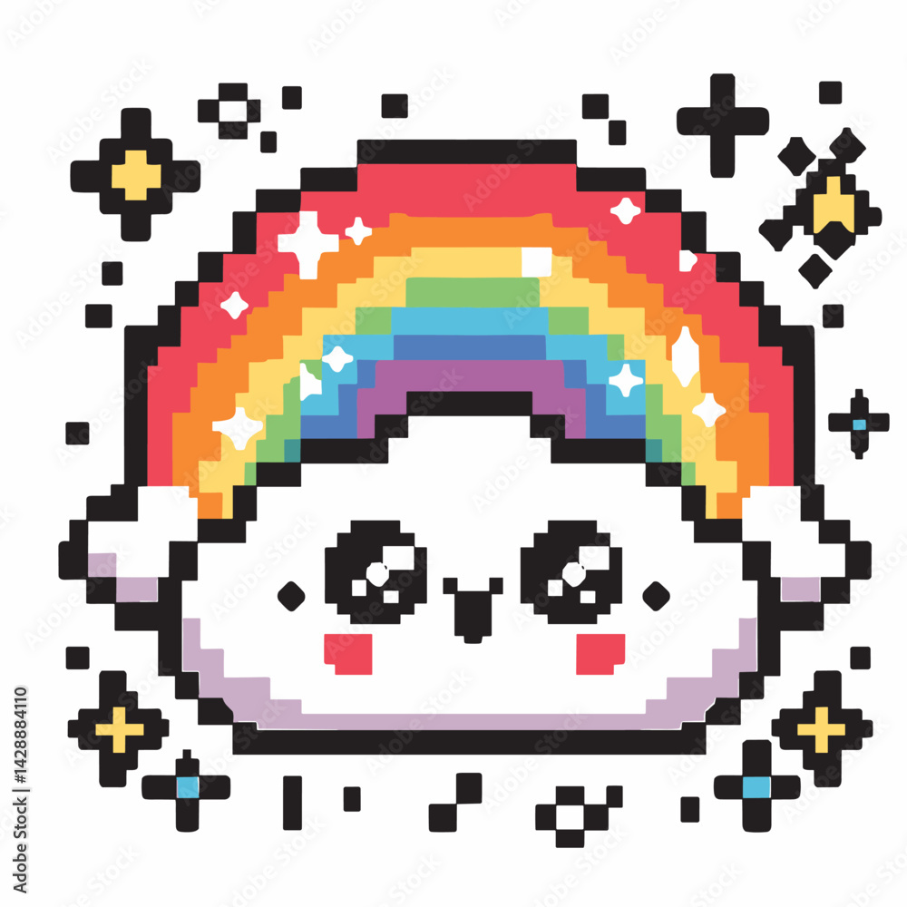 Obraz premium Cute Pixel Art Rainbow Cloud with Sparkling Stars