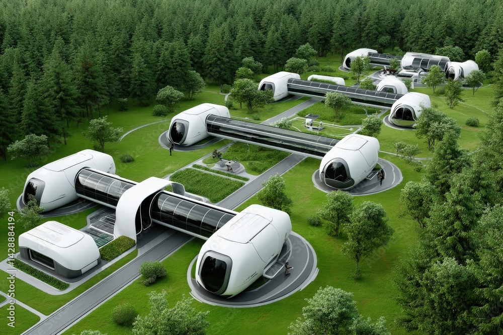 Futuristic Eco-Friendly Housing Development Surrounded by Nature