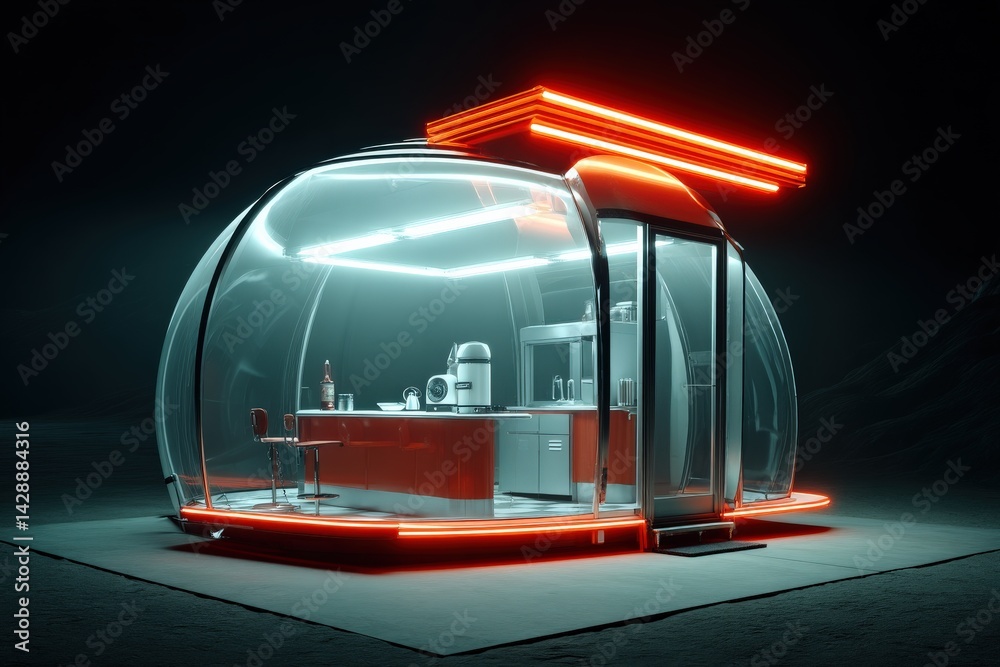 Futuristic Glass Kitchen in a Neon-lit Space Environment