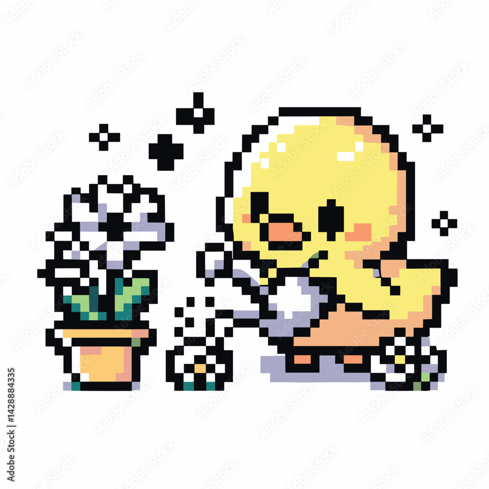 Fototapeta premium Pixel Art Duckling Watering Flowers Cute Retro Digital Illustration