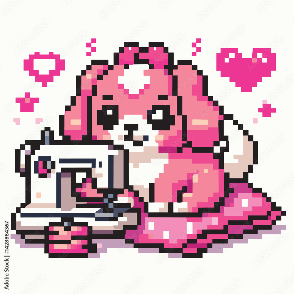 Fototapeta premium Adorable Sewing Dog Pixel Art with Hearts