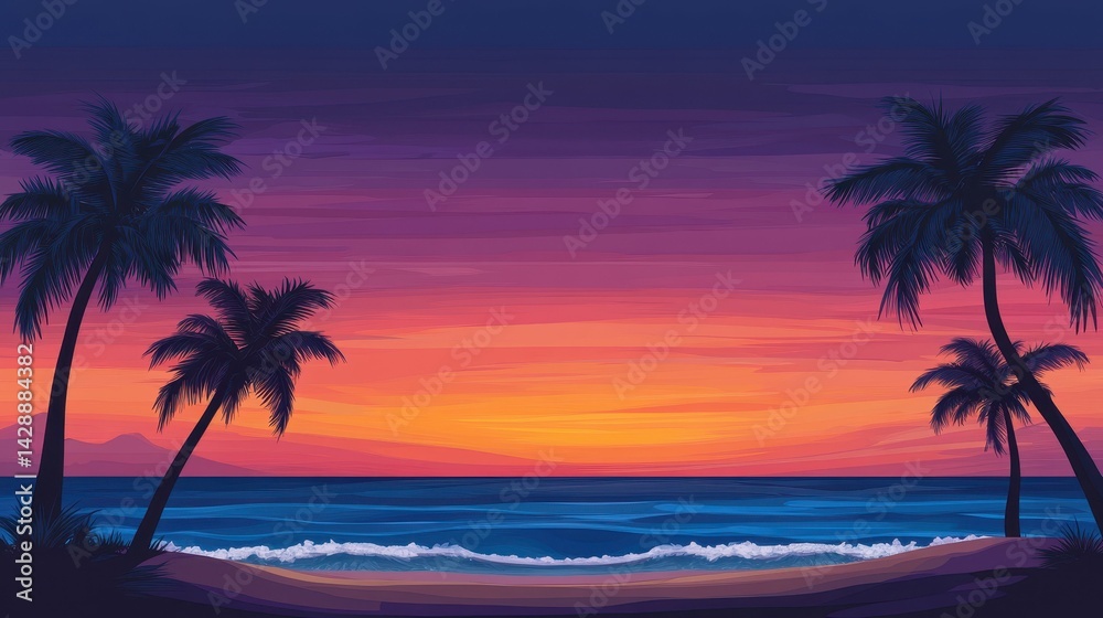 Sunset beach scene, palm trees, ocean waves. Sunset beach scene, palm trees, ocean waves.