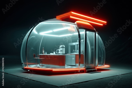 Futuristic Glass Kitchen in a Neon-lit Space Environment