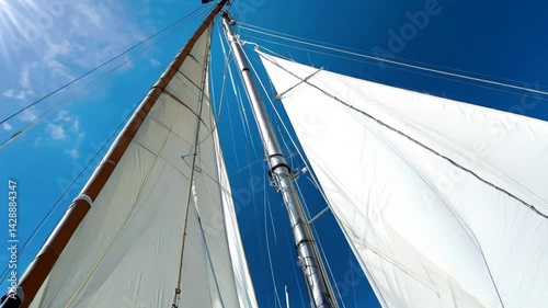 Looking Up at Sailboat Mast and White Sails Under Sunny Blue Sky