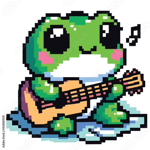 Pixel Art Frog Playing Guitar - Cute Musical Character Illustration