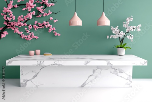 A white marble countertop with a pink and white floral design on the wall