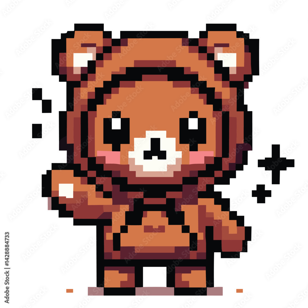 Fototapeta premium Cute Pixel Art Teddy Bear Illustration in Brown Suit - Retro Style Digital Art