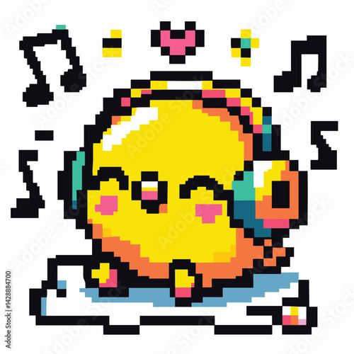 Cute Pixel Art Chick Listening to Music with Headphones