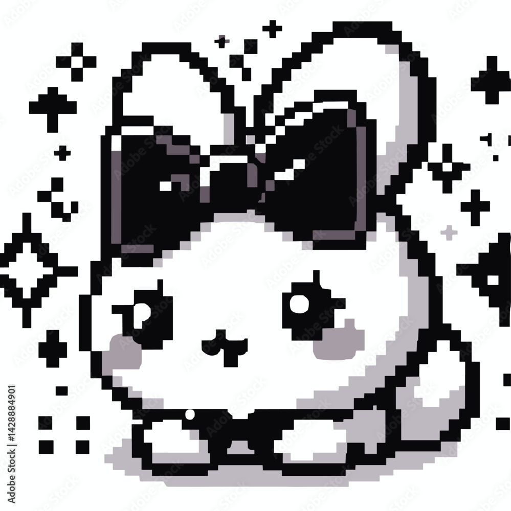 Fototapeta premium Cute Pixel Art Bunny with Bow in Retro Style – Black and White Illustration