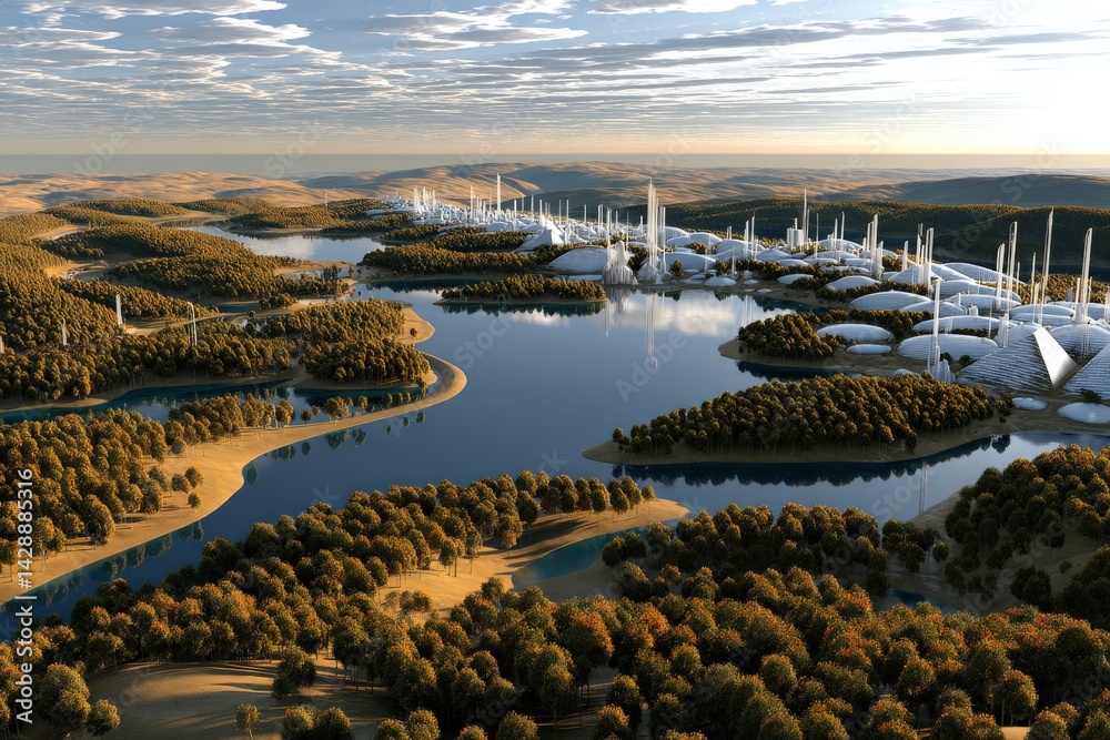 Futuristic Landscape with Water and Modern Architecture in Nature