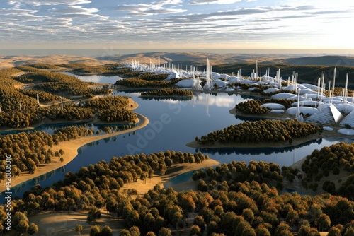 Obraz na płótnie Futuristic Landscape with Water and Modern Architecture in Nature w salonie