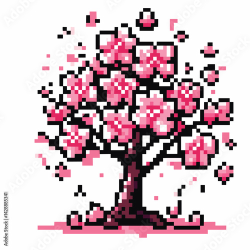 Pixel Art Blossom Tree Illustration with Pink Flowers