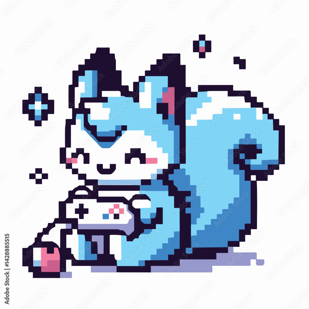 Fototapeta premium Cute Pixel Art Squirrel Playing Video Games with Retro Console