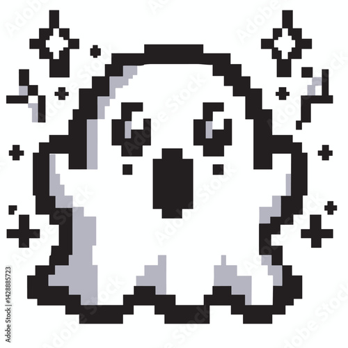Retro Pixel Ghost Illustration with Sparkles - Black and White Design