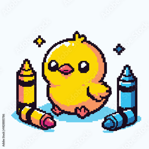 Adorable Pixel Art Chick with Crayons - Cute Animal Illustration