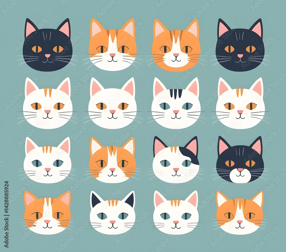 Set of cute cat faces with hand-drawn style. flat design style minimal vector illustration. Set of cute cat faces with hand-drawn style. flat design style minimal vector illustration.