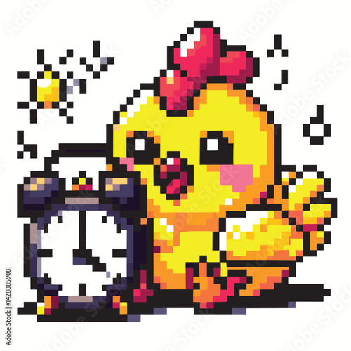 Pixel Art Cute Chicken with Alarm Clock Illustration