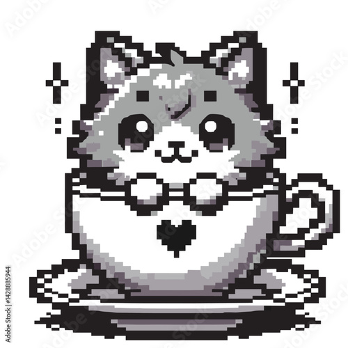 Pixel Art Cute Cat in Teacup – Adorable Retro Black and White Illustration