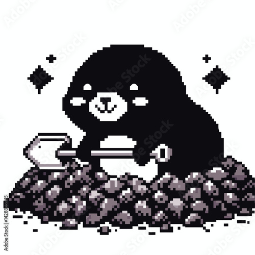 Charming Pixel Art Mole Illustrated with Shovel on Dirt Pile