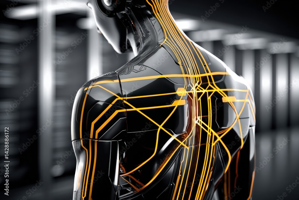Futuristic Robot Back with Neon Circuitry in Data Center Environment