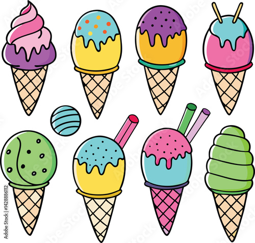 This vector illustration shows a delicious ice cream set with strawberry and vanilla flavors in a cone, perfect for a sweet and cold summer dessert