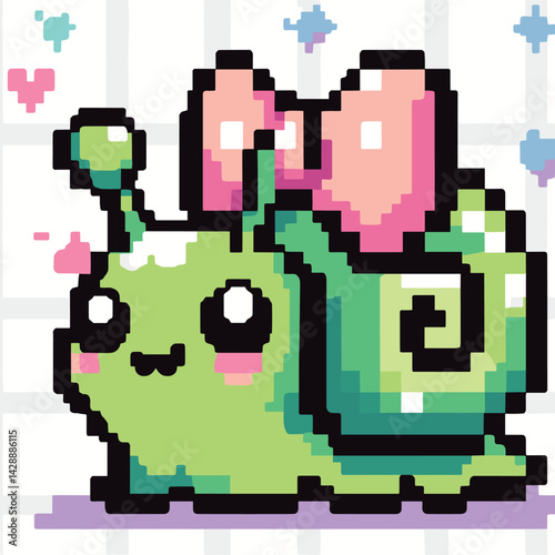 Cute Pixel Art Snail with Bow on Checkered Background