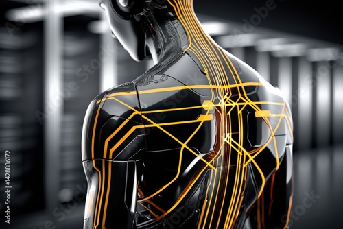 Obraz na płótnie Futuristic Robot Back with Neon Circuitry in Data Center Environment w salonie