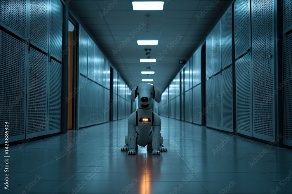 Futuristic Robot Dog in Dimly Lit Hallway of High-Tech Facility