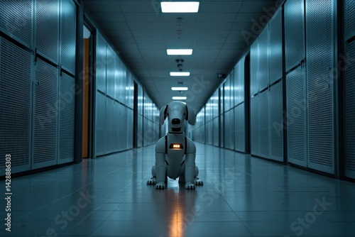 Obraz na płótnie Futuristic Robot Dog in Dimly Lit Hallway of High-Tech Facility w salonie