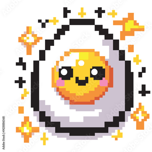 Cute Pixel Art Fried Egg with Kawaii Face and Sparkles