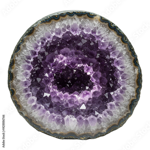 Purple geode crystal sliced open showing sparkling mineral layers