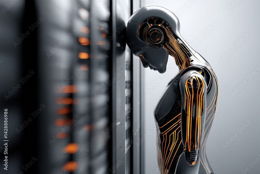 Futuristic Robot Leaning Against Data Server in Modern Technology Setting