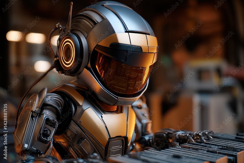 Futuristic Robot with Orange Visor in High-Tech Setting