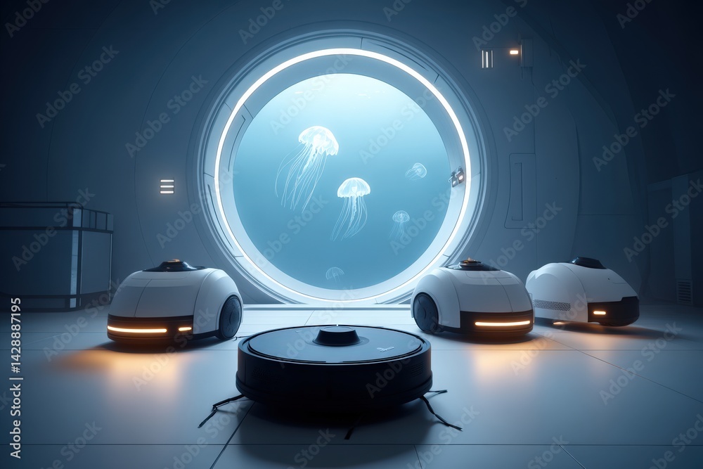 Futuristic robots observing jellyfish in aquatic sci-fi environment