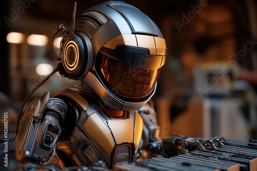 Obraz na płótnie Futuristic Robot with Orange Visor in High-Tech Setting w salonie