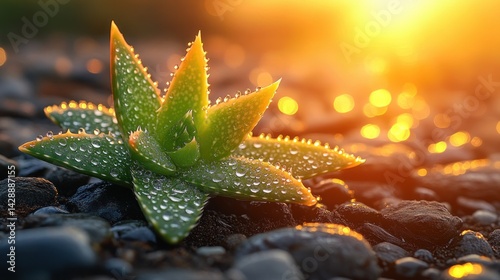 Dew-covered aloe vera plant on dark stones at sunrise.
