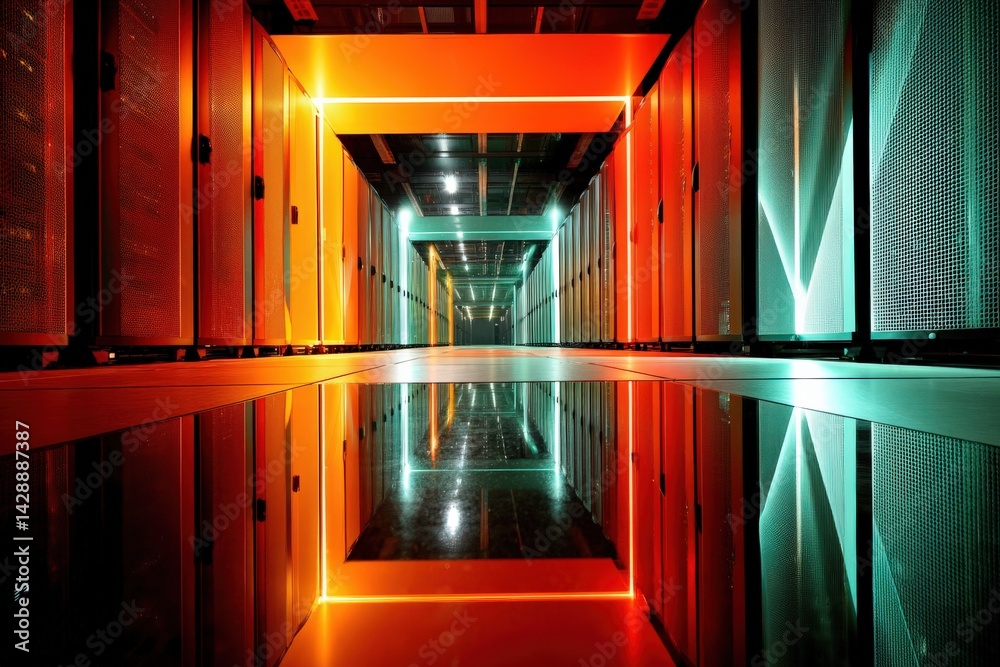 Futuristic Server Room with Colorful Lights and Reflective Floor