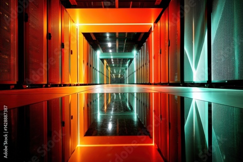 Obraz na płótnie Futuristic Server Room with Colorful Lights and Reflective Floor w salonie