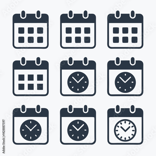 Design a solid black icon pack featuring a calendar and a clock, emphasizing clean lines and minimalist aesthetics for optimal readability.