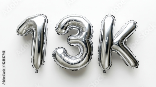 Silver balloon numbers 13k on white background celebrating milestone