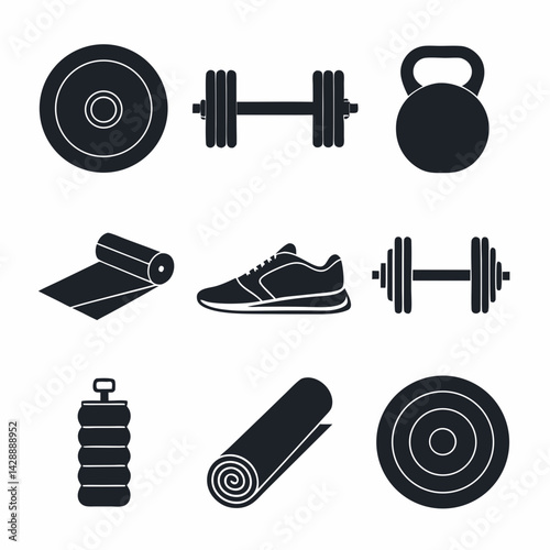 Design a solid black icon pack depicting various fitness and gym exercises, equipment, and symbols.  Include high-quality, minimalist icons.
