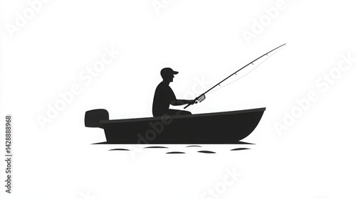 Minimalist black silhouette of fisherman sitting in boat with fishing rod on white background Simple vector illustration icon for outdoor recreation, fishing activity, calm lifestyle and nature themes