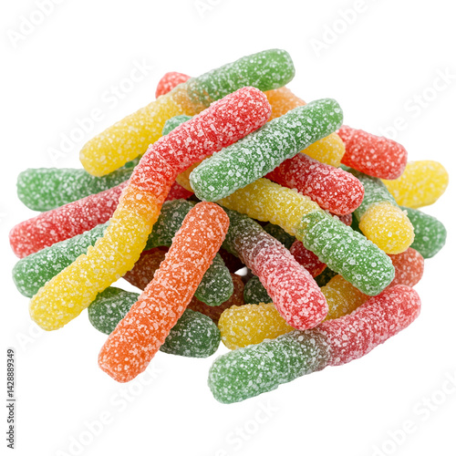 colorful sour gummy worms coated in fine sugar crystals, vibrant and chewy candy with sparkling texture isolated on a transparent background