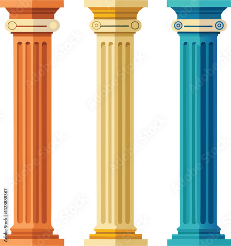Ancient Greek architecture features isolated marble columns, like Doric or Ionic pillars, remnants of classical temples